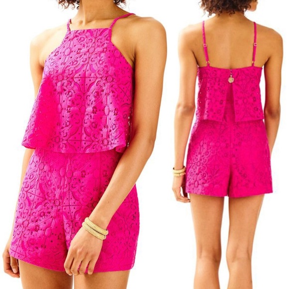 Lilly Pulitzer Celyn Romper Magenta Pink Tic Tac Tile Lace Size 2 - Picture 1 of 9